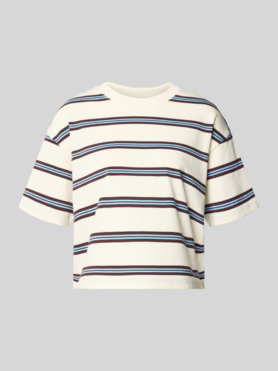 Produktfoto, Regular Fit T-Shirt aus reiner Baumwolle von Marc O'Polo Denim, cremefarben mit blauen und braunen Streifen, glatte Textur. Damen T-Shirt