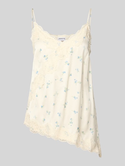 Productfoto, Blusentop aus Viskose met kanten details van Jake*s Casual, asymmetrisch, spaghetti bandjes, puur viscose, crème met blauwe bloemen, lengte rug maat 36: 49 cm.