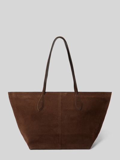Produktfoto, Tote Bag mit Tragehenkel von Mango aus echtem Rindsleder in Dunkelbraun, klare Linien, glatte Oberfläche, große Öffnung