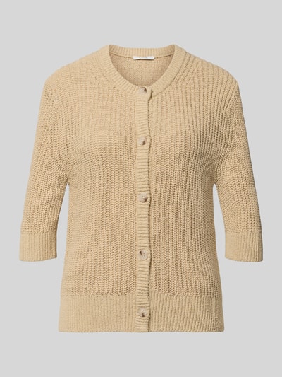 Produktfoto, Strickshirt mit 1/2-Arm Modell 'Donousa' von OPUS, krój regular fit, okrągły dekolt, listwa guzikowa, beżowa dzianina, damska, długość tyłu w rozmiarze 36: 60 cm, długość rękawów w rozmiarze 36: 36 cm