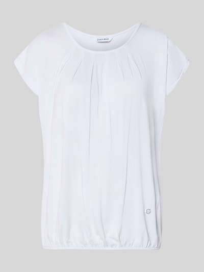 Produktfoto, weißes Relaxed Fit T-Shirt aus Viskose-Elasthan-Mix Modell 'Minou' von ZABAIONE mit Raffungen und elastischem Bund.