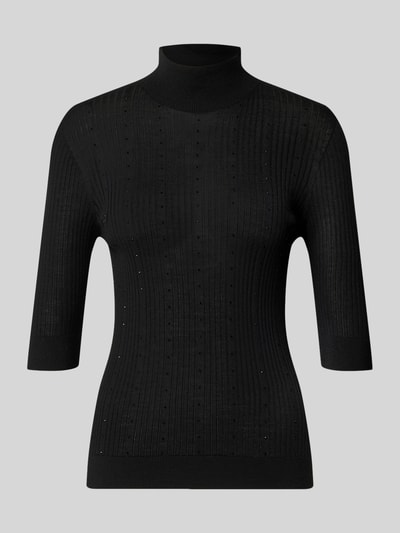 Produktfoto, Slim Fit Longsleeve aus reiner Lanawolle Modell 'Maglia Costine' von Liu Jo White in Schwarz, Stehkragen, 1/2-Arm, semitransparentes Rippstrick-Design