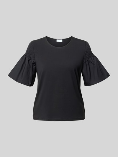 Produktfoto, Regular Fit T-Shirt mit Smok-Detail von Comma in Schwarz, ausgestellte Ärmel, Reine Baumwolle, Rundhalsausschnitt, kurzärmelig