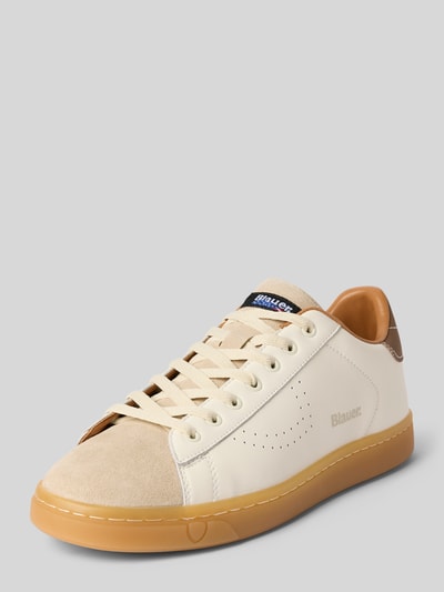 Produktfoto, Sneaker aus Leder-Mix mit Logo-Detail Modell 'Lowell' von Blauer USA in Creme und Beige, glatte Sohle, runde Form, Schnürverschluss