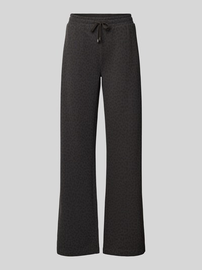 Produktfoto, Wide Leg Sweatpants aus katoenmix van Juvia in zwart met pantermotief, los model, elastische band met tunnelkoord en steekzakken, binnenbeenlengte maat S 83 cm, bandwijdte maat S 43 cm