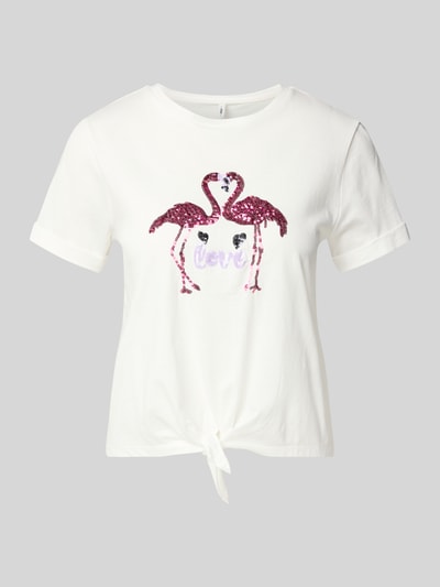Produktfoto, Regular Fit T-Shirt aus reiner Baumwolle Modell 'DORA LIFE' von Only, unifarbenes Damen-T-Shirt mit Pailletten-Applikation, Knotendetail, Rundhals, kurzarm, glatte Struktur