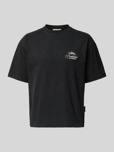 Produktfoto, T-Shirt mit Label-Stitchings und Rundhalsausschnitt von PROHIBITED, schwarze Reine Baumwolle, Regular-Fit, Rückenlänge 65 cm, Größe M
