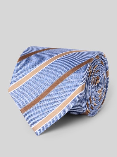 Produktfoto, Krawatte aus reiner Seide von OLYMP, blau mit beigen und braunen Streifen, glatte Textur, aufgerollt, neutraler Hintergrund