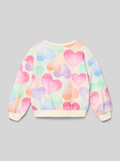Mädchen trägt Regular Fit Sweatshirt aus Baumwoll-Mix von s.Oliver RED LABEL, mehrfarbig, Optik:Allover-Muster, Aquarell-Print, Ganzkörperansicht Rückansicht