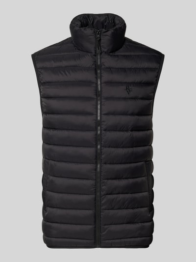 Produktfoto, zwarte Steppweste met opstaande kraag en labelstitching van REVIEW, slim fit, ritssluiting, ruglengte maat M 68 cm, schouderbreedte 43 cm, borstwijdte 56 cm