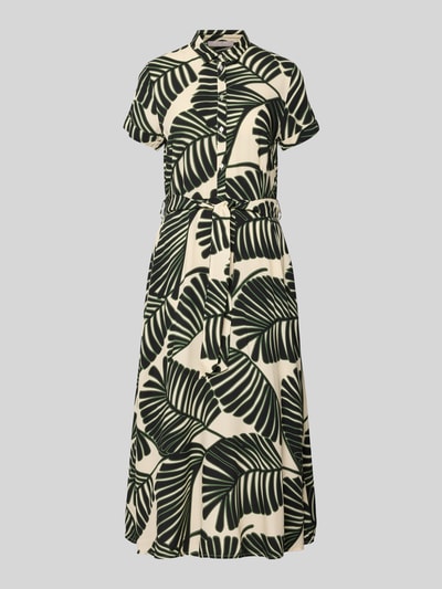 Produktfoto, Hemdblusenkleid aus Viskose mit Bindegürtel von Christian Berg Woman in crème met groene bladprint, getailleerd model, midi-jurk, overhemdkraag, knoopsluiting, mouwen met vaste omslag, strikceintuur, ruglengte maat 36: 117 cm, borstwijdte maat 36: 45 cm, mouwlengte maat 36: 18 cm