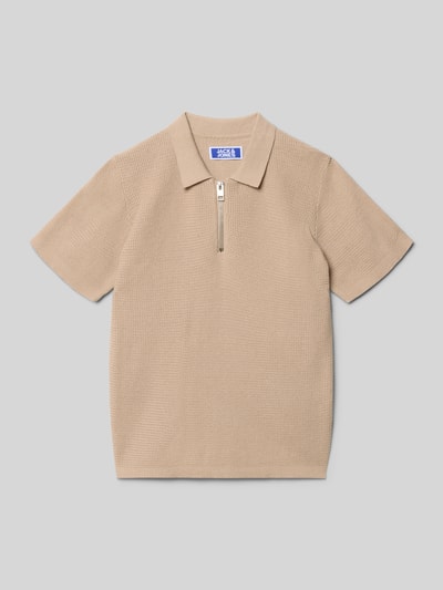 Productfoto, Regular Fit Poloshirt in breistructuur Model 'Max' van Jack & Jones, beige katoen, korte mouwen, ritssluiting, dames