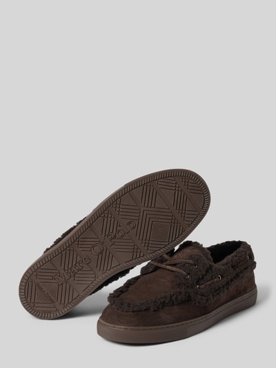 Productfoto, Loafer met lamsvachtvoering van rundleersuède van MARC O'POLO, model 'Kara 7', effen dames loafer, bruin, zichtbare grove textuur