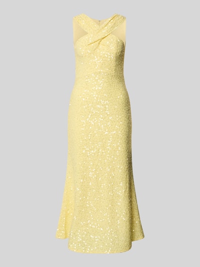 Produktfoto, Midikleid mit Pailletten von Little Mistress in Gelb, A-Linie, Strukturmuster, rückseitiger Reißverschluss, Rückenlänge 125 cm bei Größe 36