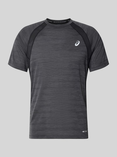 Productfoto, Regular Fit T-shirt met logoprint Model 'Road' van ASICS TIGER in zwartgrijs met semi-transparante delen, ronde hals, ruglengte maat M 69 cm