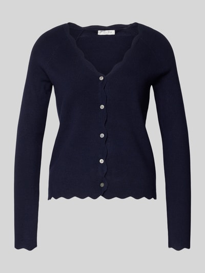 Produktfoto, Strickcardigan aus Viskose-Mix von Christian Berg Woman in Dunkelblau mit Rüschen, tailliertem Schnitt und Knopfleiste