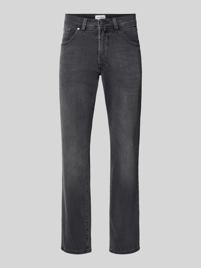 Produktfoto, Straight Fit Jeans aus elastischem Baumwoll-Mix Modell 'Dijon' von Pierre Cardin, ciemnoszary, 5 kieszeni, szlufki na pasek, zapięcie na guzik i zamek błyskawiczny, Szerokość w rozmiarze 32/32: 41 cm, Długość wewnętrzna nogawki w rozmiarze 32/32: 80 cm, mieszanka bawełny, jeansy męskie