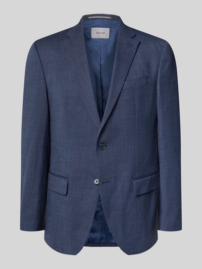 Produktfoto, Slim Fit 2-Knopf-Sakko mit Pattentaschen Modell 'Grant' von Pierre Cardin aus Schurwoll-Mix mit Stretch-Anteil, meliertes Blau, glatte Textur, Reverskragen, Vorderansicht, Größen- und Maßangaben Rückenlänge 74 cm, Schulterbreite 46 cm, Ärmellänge 65 cm.