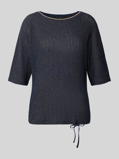 Produktfoto, T-Shirt mit Strukturmuster und Tunnelzug von Betty Barclay, bawełniany miks ze stretchem, krój relaxed fit, okrągły dekolt, ciemnogranatowy kolor, fakturalna powierzchnia z widocznym wzorem, szerokość w rozmiarze 36: 57 cm