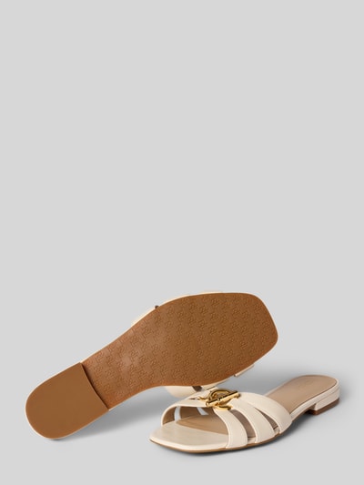 Produktfoto, Pantoletten aus echtem Leder Modell 'BLAIKE SLIDE' von Lauren Ralph Lauren in Lederoptik mit quadratischer Schuhspitze, Blockabsatz, Label-Prägung, Metall-Akzente, Schlupf/offen, strukturierte Sohle, Glattleder, Damen.