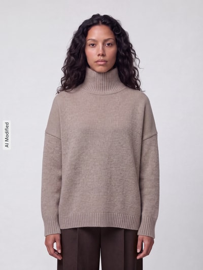 Frauenmodel trägt Loose Fit Pullover aus reiner Wolle Modell 'BORGIA' von Weekend Max Mara in Beige, glatte Textur, Ganzkörperansicht von vorne, Damen Pullover von Max Mara, KI-modifiziertes Bild.