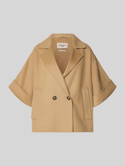 Produktfoto, Regular Fit Kurzmantel aus reiner Schurwolle Modell 'NEO' von Weekend Max Mara in unifarbenem Beige mit Reverskragen, kurzem Umschlagärmel, seitlichen Leistentaschen und gebürsteter Textur.