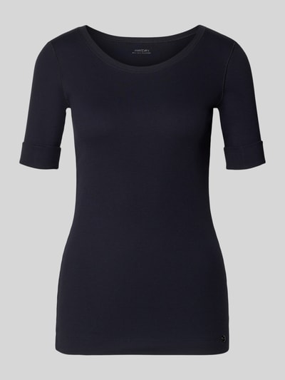 Produktfoto, T-Shirt mit Ärmelaufschlag und Rundhalsausschnitt von Marc Cain, Damen T-Shirt aus Baumwoll-Mix mit Stretch-Anteil, Körpernaher-Schnitt, Feinripp, Rückenlänge 62 cm in Größe 36, Farbe dunkelblau, glatte Textur