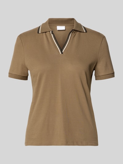 Produktfoto, Regular Fit Poloshirt mit V-Ausschnitt und Kontraststreifen von Jake*s Collection, reine Baumwolle, beige, glatte Textur.