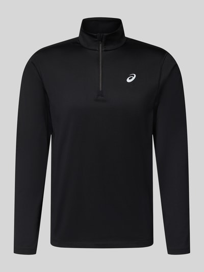 Produktfoto, schwarzes Funktionsshirt mit Logo und Reißverschluss von ASICS, Material-Mix mit Stretch, Regular Fit, Stehkragen, Longsleeve.