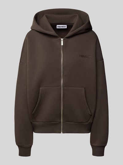 Produktfoto, Sweatjacke mit Logo und Känguru-Tasche von Review, mieszanka bawełny, krój relaxed fit, kaptur, zamek błyskawiczny, kieszeń kangurka, logo