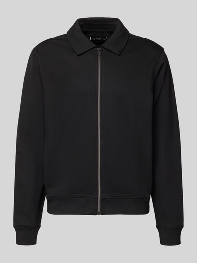 Productfoto, Regular Fit Sweatjacke aus elastischem Baumwoll-Mix van GUESS in zwart, rits, omgeslagen kraag, labeldetail, elastische boorden
