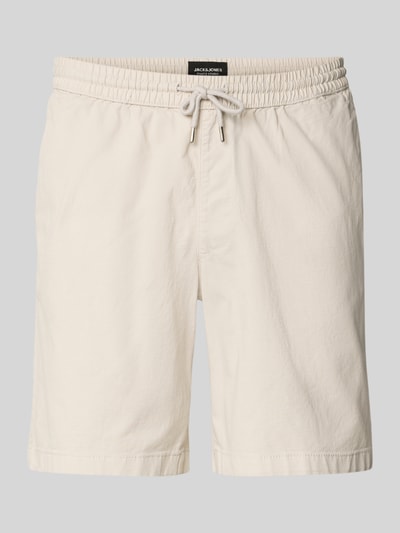 Produktfoto, Shorts mit elastischem Bund Modell 'JAIDEN CARTER' von Jack & Jones aus Baumwoll-Elasthan-Mix mit Strukturmuster, Regular-Fit, helle Farbe, sichtbare Textur, Bundweite bei Größe M 43 cm, Innenbeinlänge 20 cm