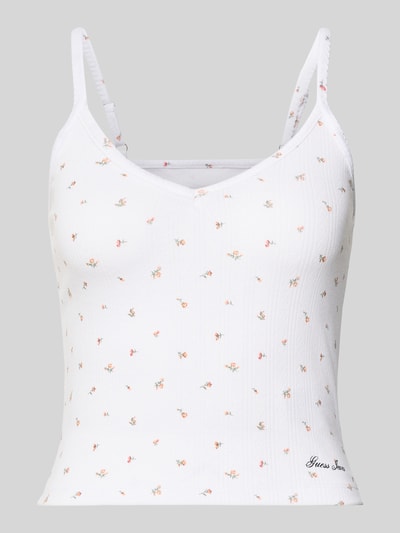 Produktfoto, Trägertop mit V-Ausschnitt und Logo van Guess Jeans, wit met kleine bloemen, regular fit, viscosemix, verstelbare spaghettibandjes
