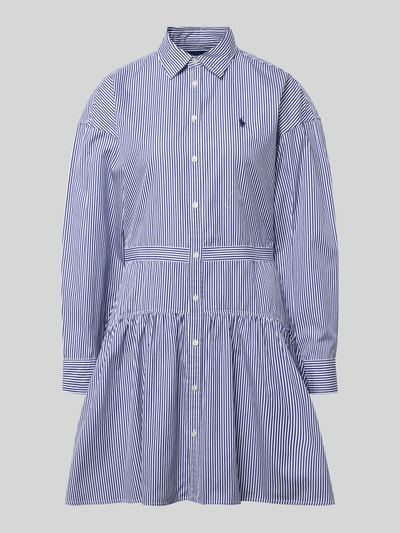 Produktfoto, Tailliertes Blusenkleid aus reiner Baumwolle von Polo Ralph Lauren in Optik: Unifarben, Two-Tone, Gestreift, Mini-Länge, Polokragen, V-Ausschnitt, Logo-Detail, Knopfleiste, Langarm mit Manschette, Popeline, reine Baumwolle