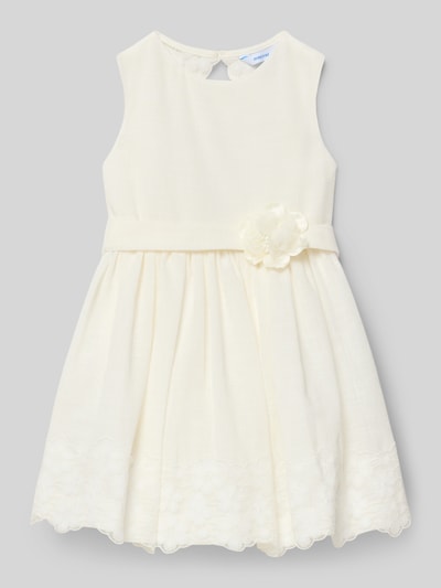 Productfoto, 'Kleid mit Spitze und Taillenband' van Mayoral in crème, A-lijn, ronde hals, katoenmengsel, bloemapplicatie, achterkant 57 cm