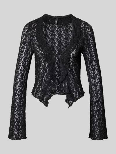 Produktfoto, Slim Fit cardigan met katoen, Model 'ODINE' van ONLY, all-over bloemenmotief, met kant, V-hals, mesh-look, zwarte kleur