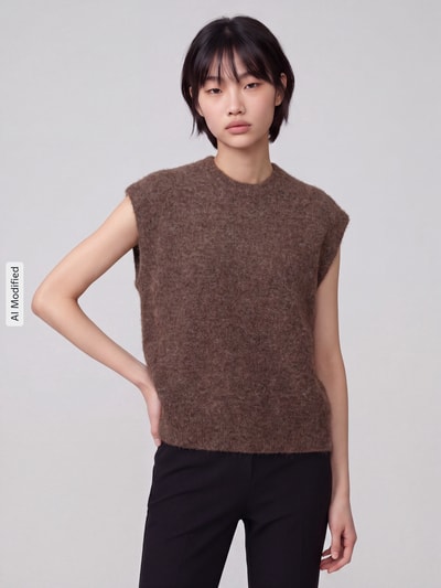 Frauenmodel trägt Relaxed Fit Pullunder aus Woll-Mix Modell 'LULU' von Selected in Braun, schwarz-braune Hose, Ganzkörperansicht von vorne, Damen Pullunder von Selected, KI-modifiziertes Bild.