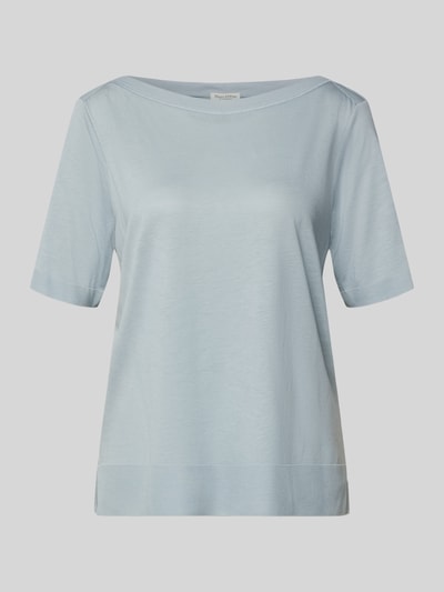 Produktfoto, hellblaues Loose Fit T-Shirt aus Lyocell-Baumwoll-Mix von Marc O'Polo, unifarbenes Jersey mit U-Boot-Ausschnitt, kurzarm, gerippte Abschlüsse, seitliche Schlitze