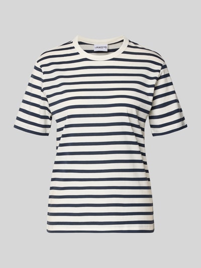 Produktfoto, T-Shirt mit Rundhalsausschnitt von Jake*s Casual, białe z granatowymi paskami, czysta bawełna, prosty krój, 1/2-rękaw, długość pleców 61 cm w rozmiarze S