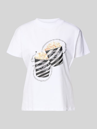 Produktfoto, weißes Regular Fit T-Shirt mit Ziersteinbesatz, Motiv-Print von Popcorntüten, reine Baumwolle, Guess, Modell 'Popcorn'