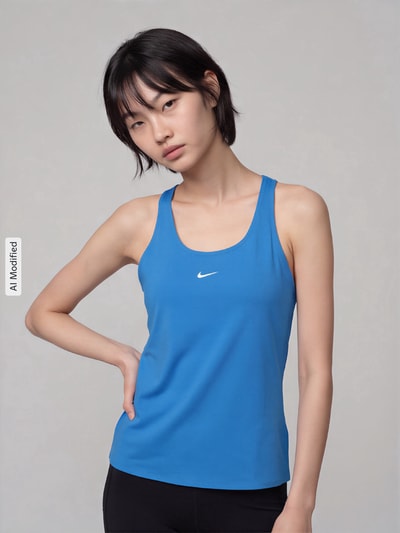 Frauenmodel trägt Slim Fit Sport-Top mit Logo-Print Modell 'Pro' von Nike in Blau, glatte Textur, Damen Sport-Top von Nike Training, Nahaufnahme Oberkörper, KI-modifiziertes Bild.