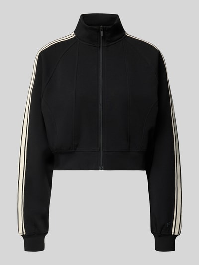 Produktfoto, Sweatjacke aus Baumwoll-Mix mit Stehkragen Modell 'ELEVATED' von Fabletics, schwarz mit weißen Kontraststreifen, elastische Abschlüsse, langärmelig, durchgehender Zipper, Regular Fit.