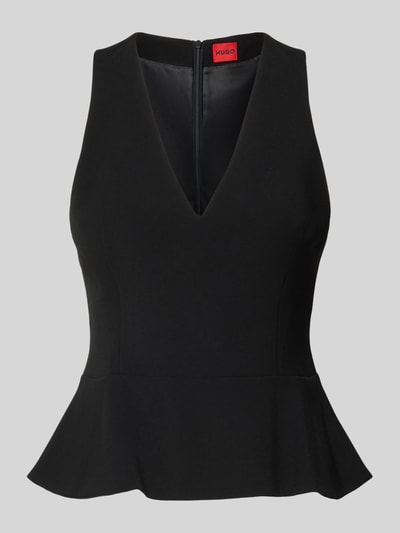 Produktfoto, Slim Fit Blusentop mit Schößchen von HUGO in Schwarz, unifarben, V-Ausschnitt, ohne Arm, ausgestellter Abschluss, Reißverschluss.