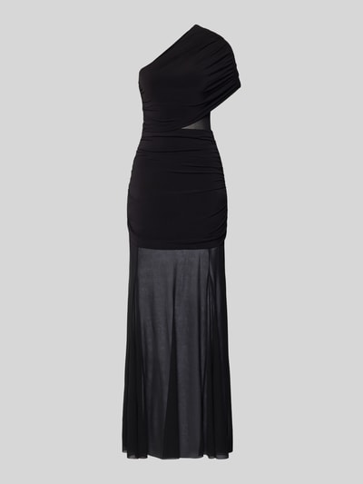 Produktfoto, Abendkleid in Wickel-Optik Modell 'Harley' von Forever New im asymmetrischen Look, figurbetonter Schnitt, Material-Mix mit Stretch-Anteil, schwarze Farbe, transparente untere Rockpartie, Rückenlänge bei Größe 36 ca. 151 cm, Brustweite 37 cm.
