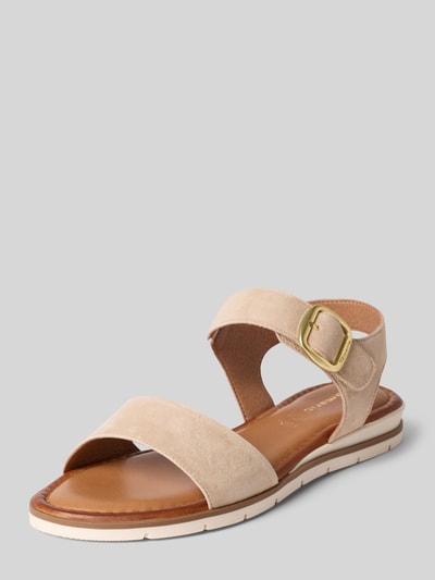 Produktfoto, Sandalen aus echtem Rindsleder von Tamaris in Lederoptik mit runder Schuhspitze, flacher Absatzform, Label-Prägung, Dornschließe, strukturierter Sohle, Nubuk-Materialverarbeitung, beige Farbtöne