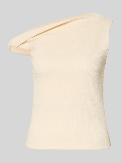 Produktfoto, T-Shirt mit asymmetrischem Ausschnitt von Jake*s Collection in Creme, Material-Mix mit Stretch-Anteil, körpernaher Schnitt, Smok-Details, Rückenlänge 50 cm bei Größe 38, feine Struktur und glatte Optik.