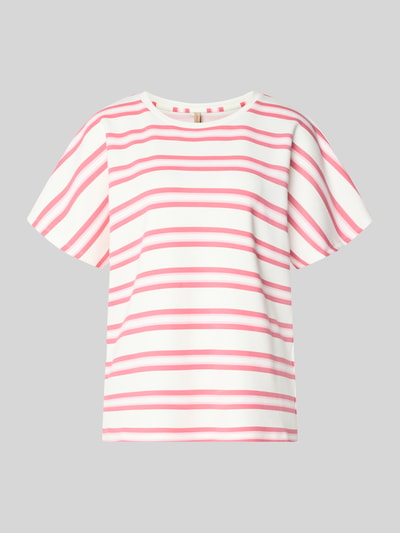 Produktfoto, damski t-shirt z mieszanki materiałów z domieszką modalu, krój relaxed fit, okrągły dekolt, model 'BARNI' od Soyaconcept, białe tło, różowe i białe paski