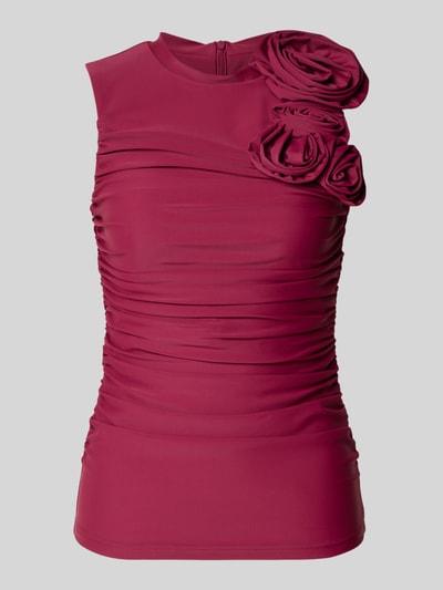 Produktfoto, Slim Fit Bluse mit floralem Besatz Modell 'Orchida' von YAS aus Elastischer-Material-Mix, ärmelloses-Design, Rundhalsausschnitt, dunkelrote Farbe, Effekt von feinen Raffungen, Rückenlänge bei Größe S 61 cm