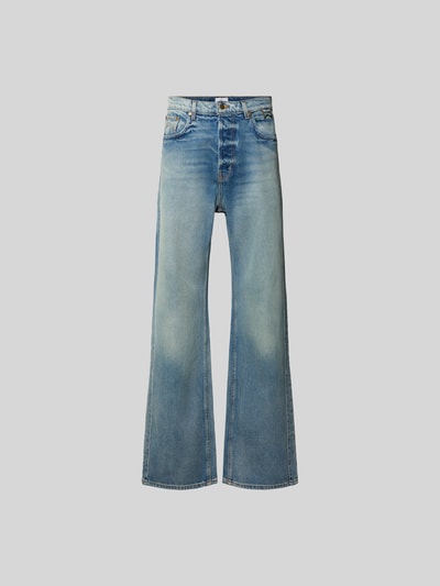 Produktfoto, Wide Fit Jeans im 5-Pocket-Design von RHUDE aus Material-Mix mit Baumwoll-Anteil in hellem Blau mit Zierbesatz, Knopf- und Reißverschluss, Innenbeinlänge 89 cm, Bundweite 43 cm, glatte Oberfläche, gerade Schnittform.