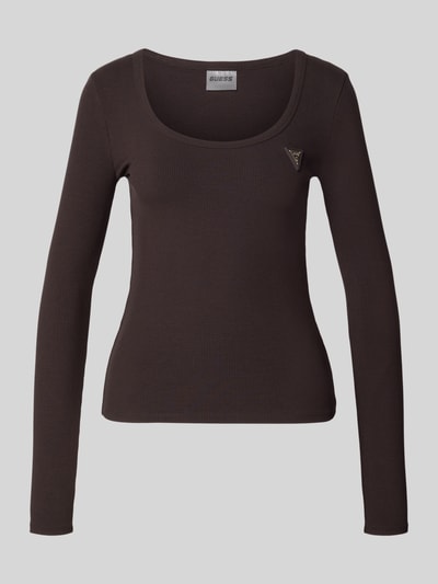 Produktfoto, Longsleeve in Ripp-Optik mit Label-Applikation Modell 'COLETTE' von GUESS Activewear, braun, Slim Fit, feine Struktur